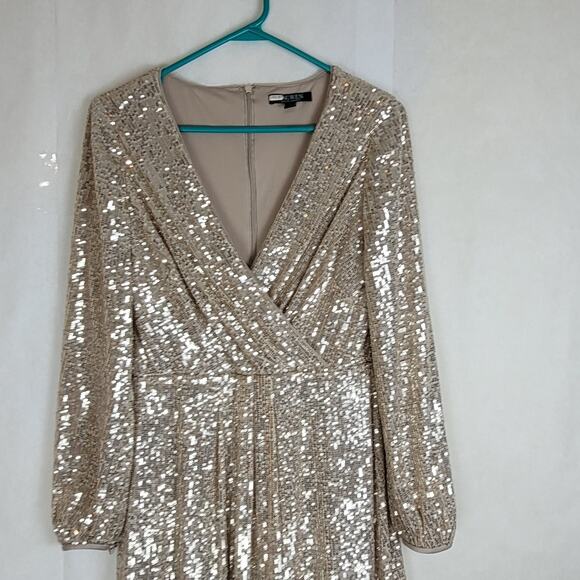 Lauren Ralph Lauren Bowen gold sequin long sleeve midi dress Size 4 glam fairy - Picture 5 of 12